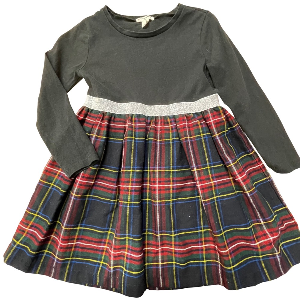 Crewcuts‎ Plaid Long Sleeve Dress Girls Size 5 Black Red Green Sparkle Waist